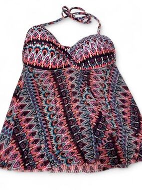 Kona Sol Boho Tribal Print Halter Tankini Swim Top | Medium
